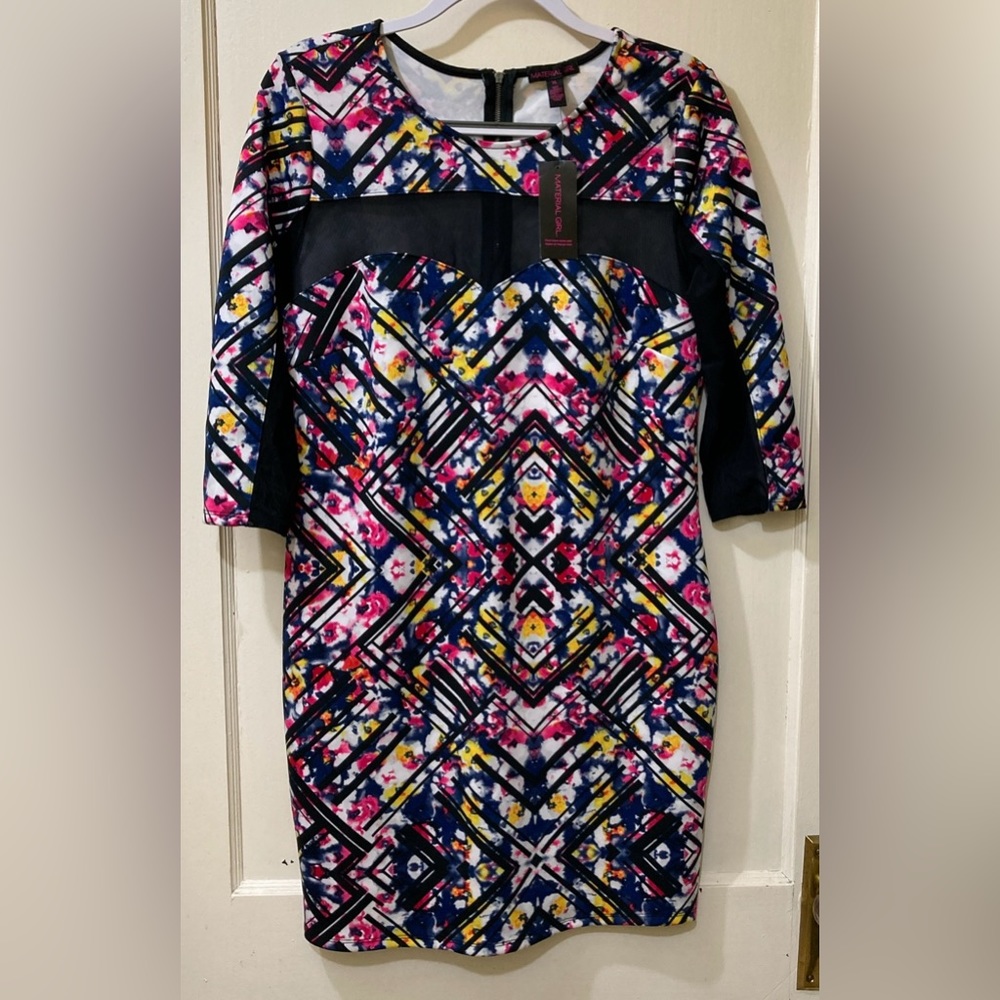 Material Girl Illusion Sheath Dress Junior Women’s XL Artsy Stretch Mesh Sleeve - Picture 3 of 11
